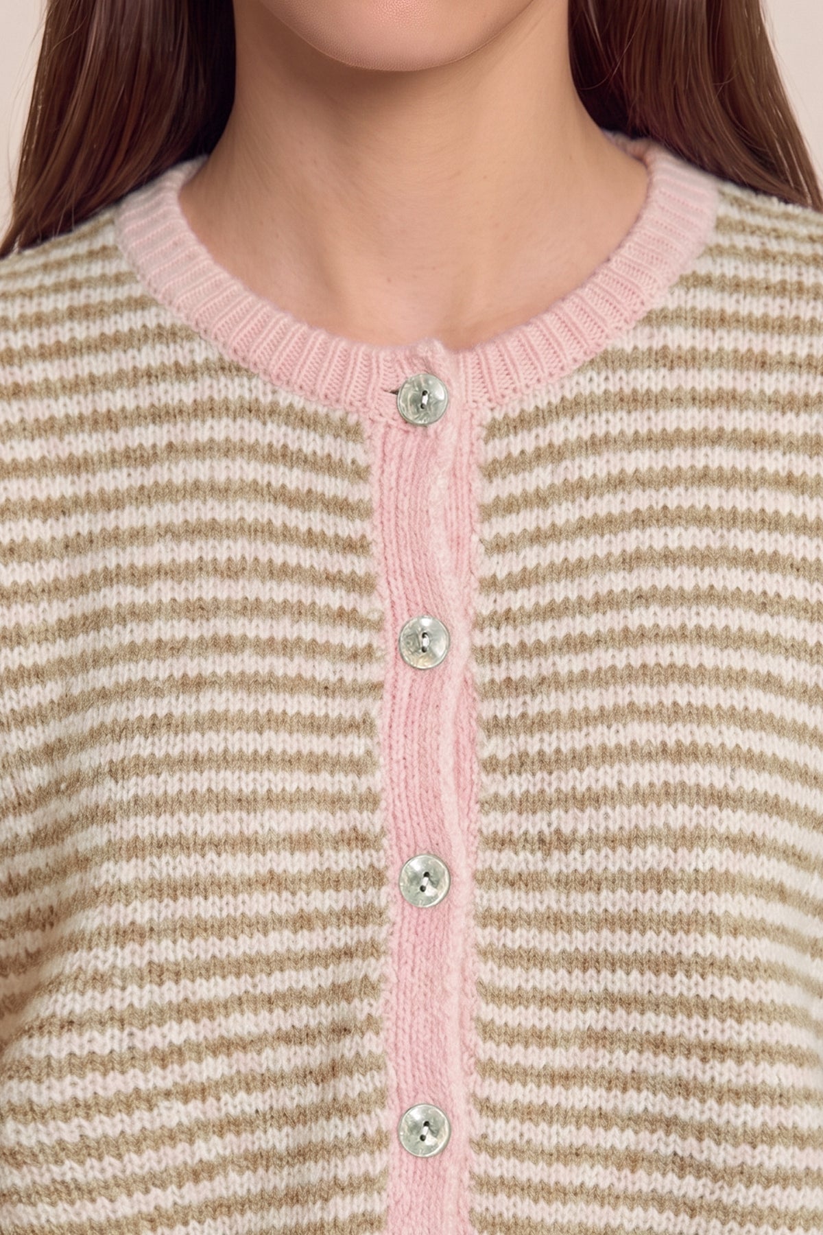 Womens Light Khaki Striped Cardigan Sweaters | CicyBell