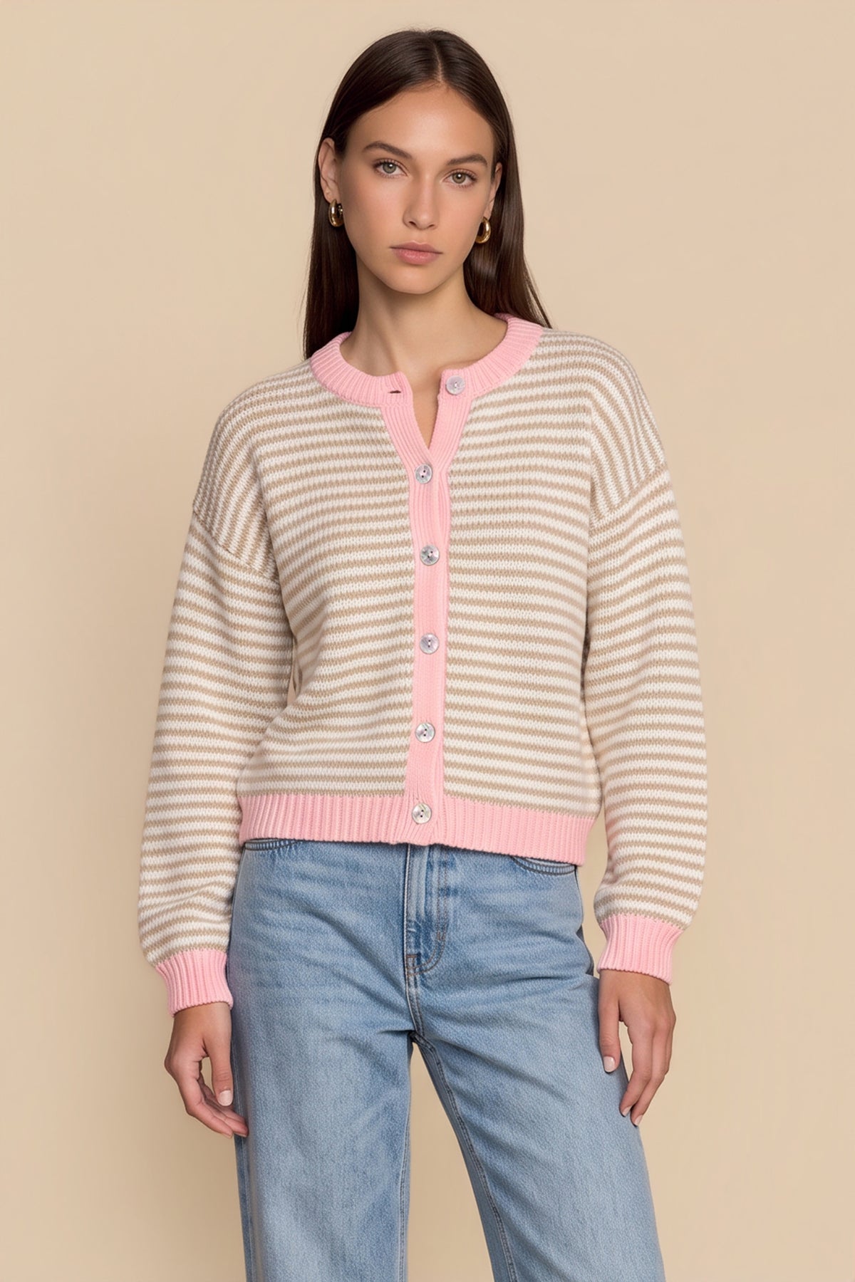 Womens Light Khaki Striped Cardigan Sweaters | CicyBell