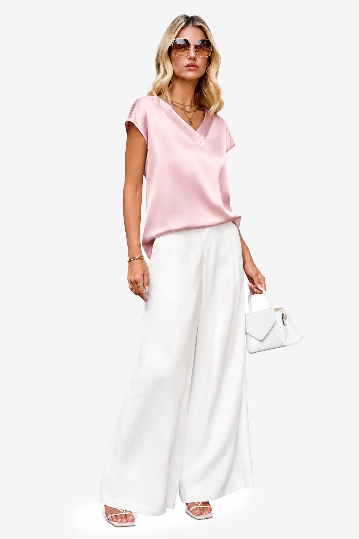 Womens Light Pink Satin Cap Short Sleeve Blouses | CicyBell