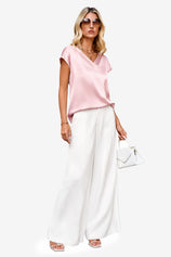 Womens Light Pink Satin Cap Short Sleeve Blouses | CicyBell