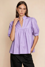 Womens Light Purple Puff Sleeve V Neck Blouse | CicyBell