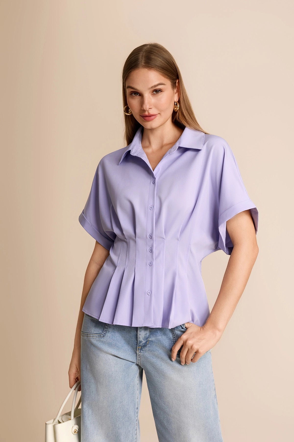 Cicy Bell Womens Light Purple Pleated Button-Down Shirt