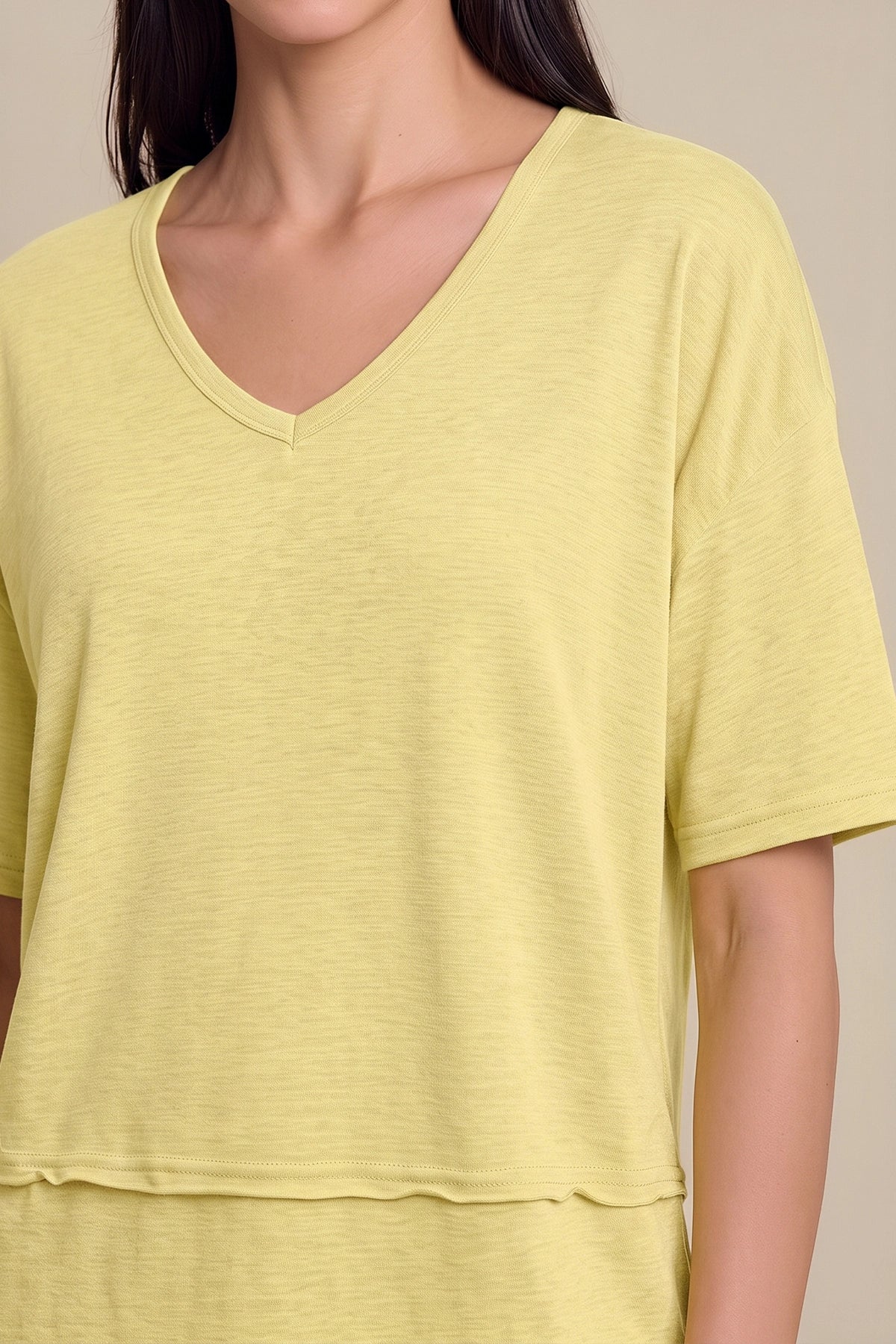 Womens Light Yellow Summer V Neck T Shirts | CicyBell