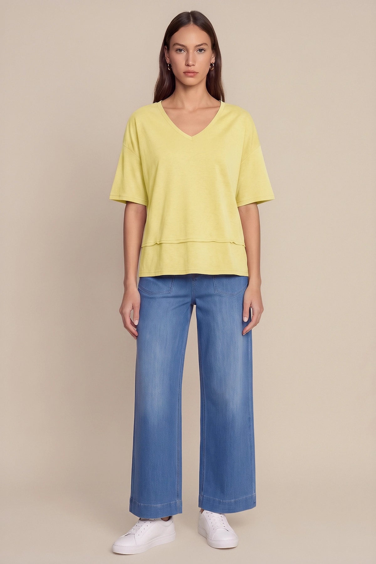 Womens Light Yellow Summer V Neck T Shirts | CicyBell