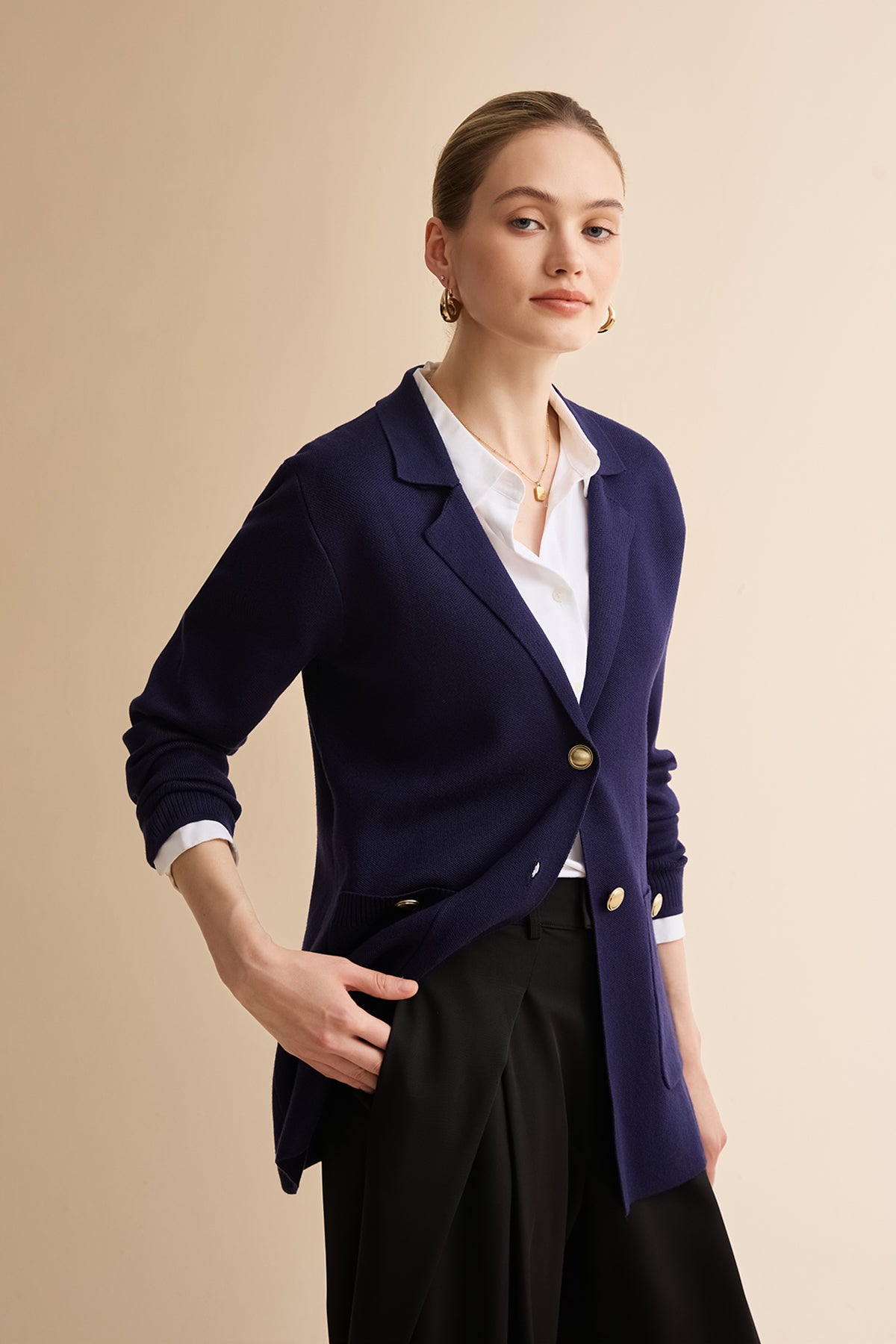 Womens Navy Long Sleeve Sweater Blazer | CicyBell