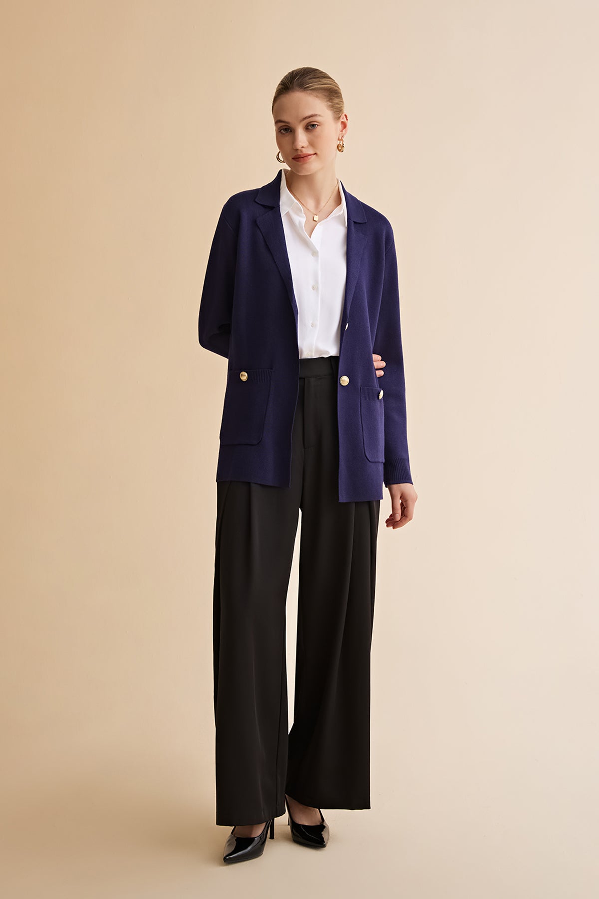 Womens Navy Long Sleeve Sweater Blazer | CicyBell
