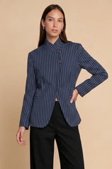 Womens Navy Casual Stand Collar Blazer | CicyBell