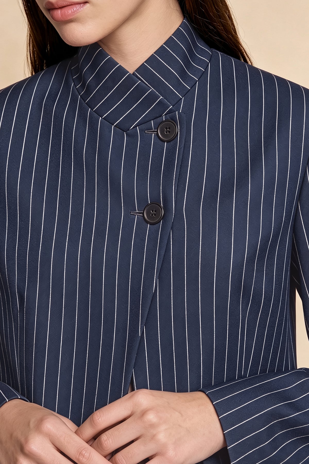 Womens Navy Casual Stand Collar Blazer | CicyBell