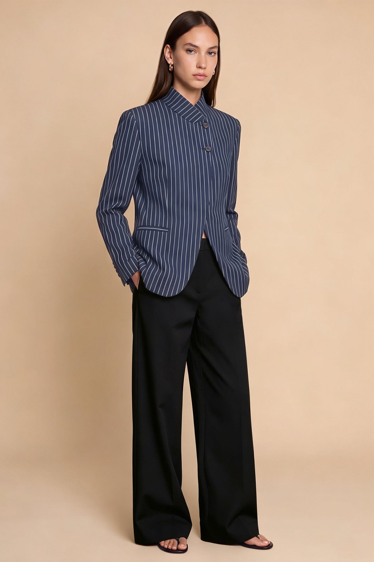 Womens Navy Casual Stand Collar Blazer | CicyBell
