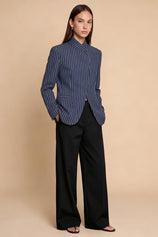 Womens Navy Casual Stand Collar Blazer | CicyBell