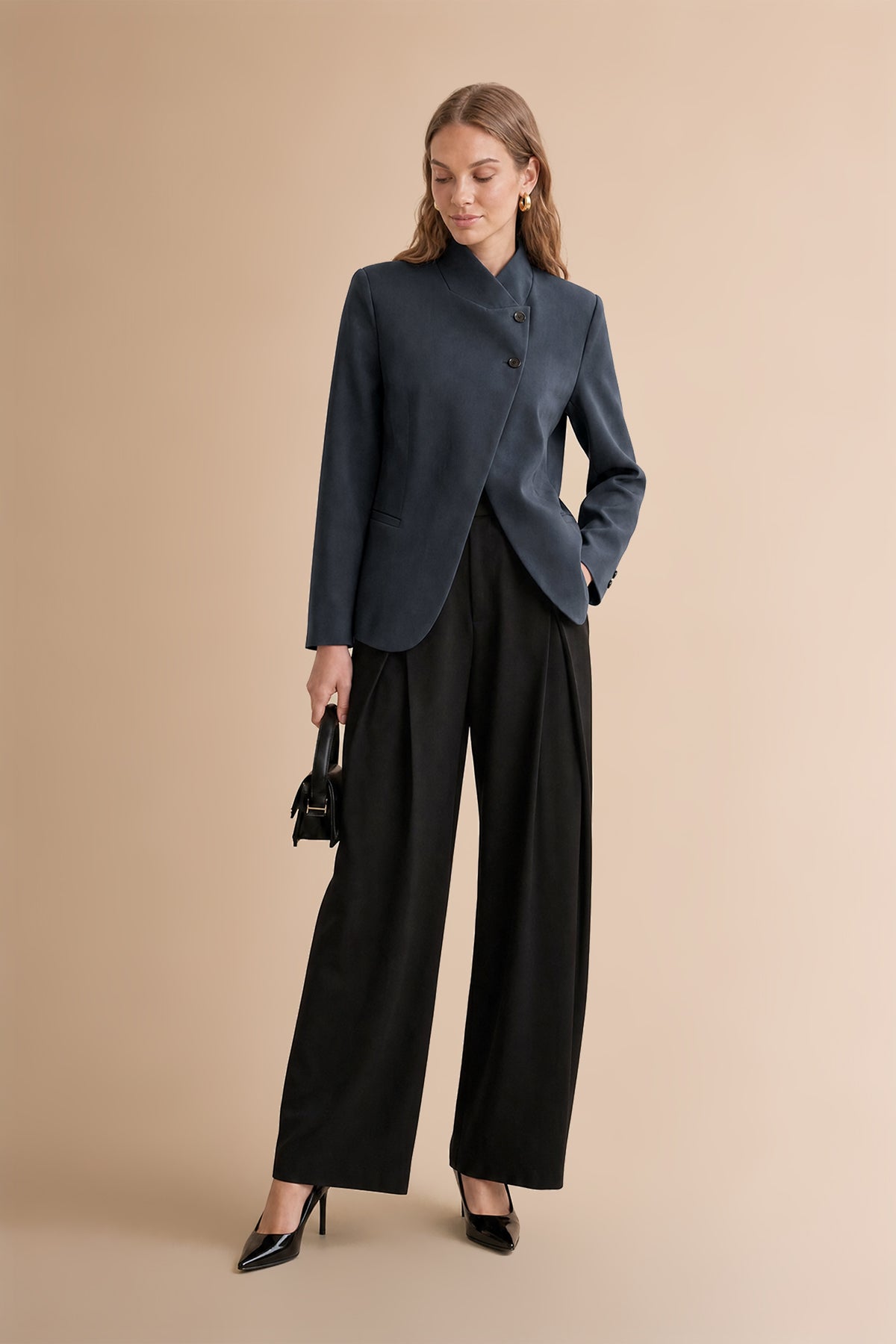 Womens Navy Casual Stand Collar Blazer | CicyBell