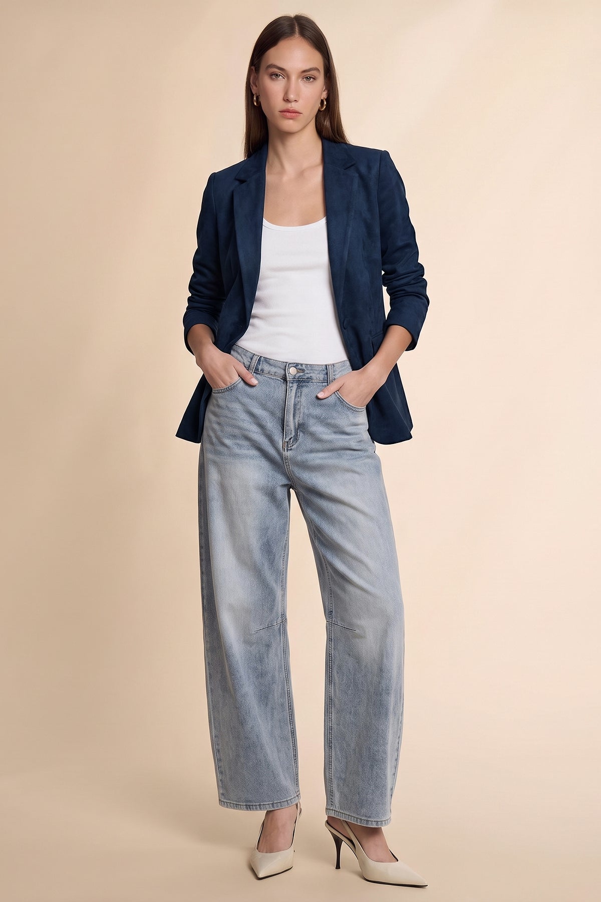 Womens Navy Faux Suede Blazers| CicyBell