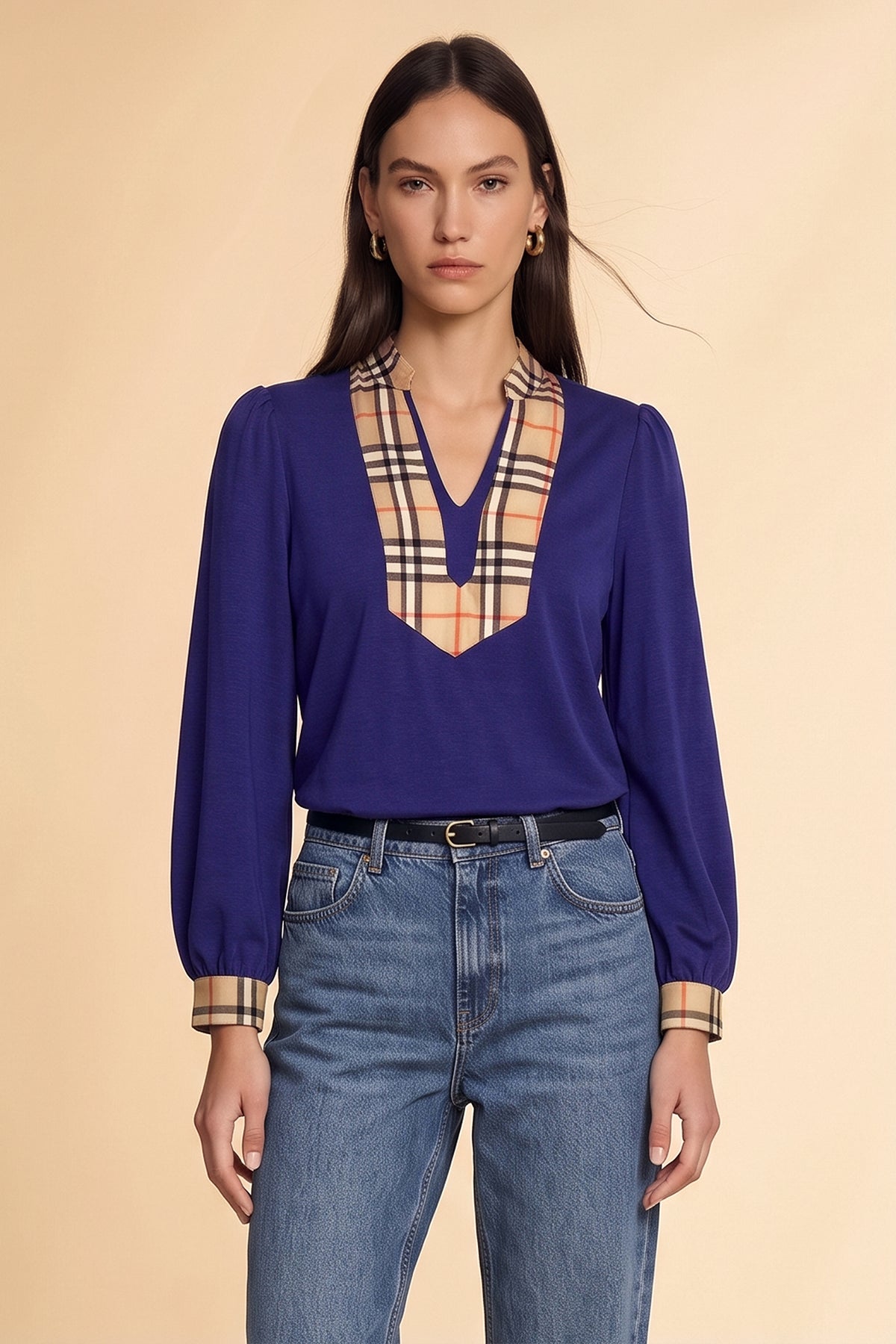 Womens Navy Puff Long Sleeve Blouse | CicyBell
