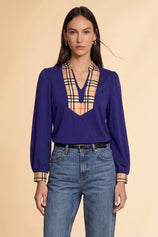 Womens Navy Puff Long Sleeve Blouse | CicyBell