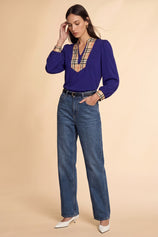 Womens Navy Puff Long Sleeve Blouse | CicyBell