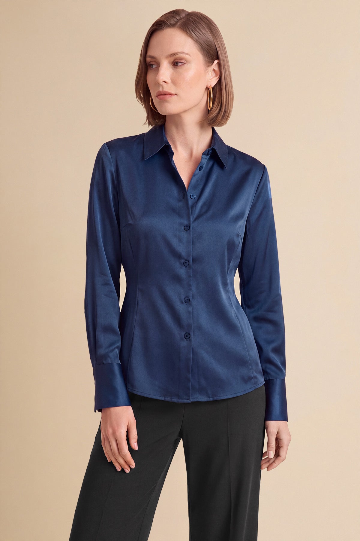 Womens Navy Satin Button Down Shirt | CicyBell