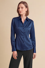 Womens Navy Satin Button Down Shirt | CicyBell