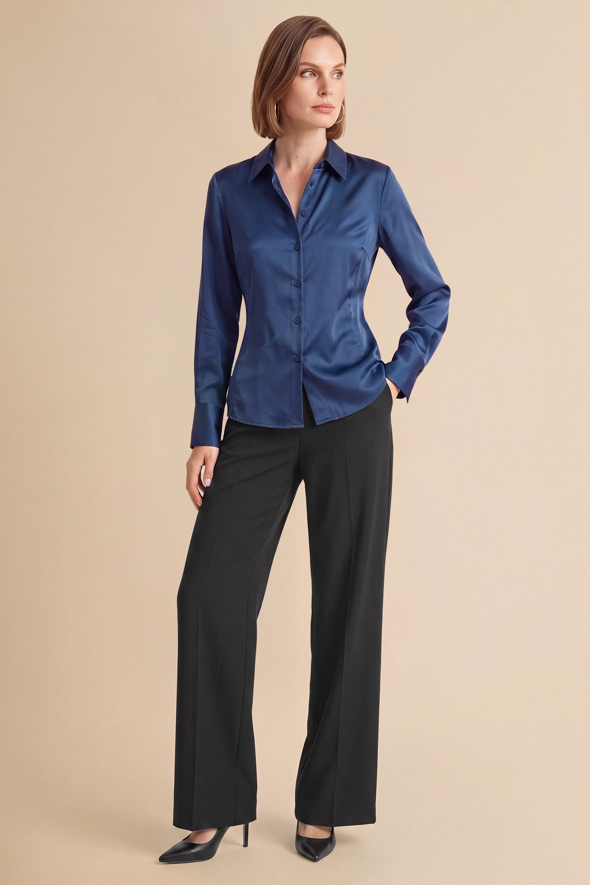 Womens Navy Satin Button Down Shirt | CicyBell