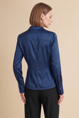Womens Navy Satin Button Down Shirt | CicyBell