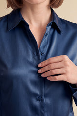 Womens Navy Satin Button Down Shirt | CicyBell