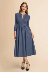 Womens Navy Long Sleeve A-Line Midi Dress| CicyBell