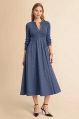 Womens Navy Long Sleeve A-Line Midi Dress| CicyBell