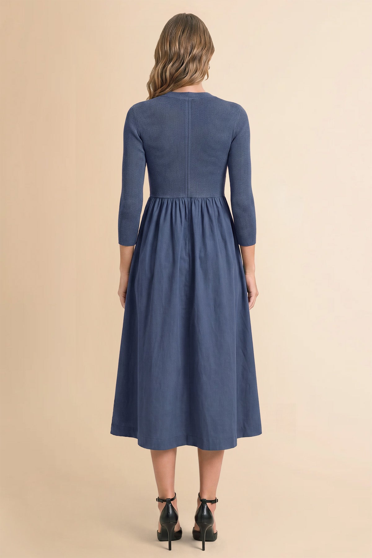 Womens Navy Long Sleeve A-Line Midi Dress| CicyBell