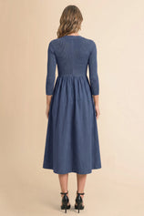 Womens Navy Long Sleeve A-Line Midi Dress| CicyBell