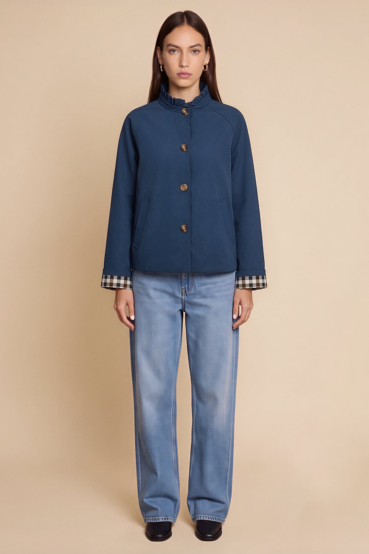 Womens Navy Ruffle Short Trench Coat | CicyBell