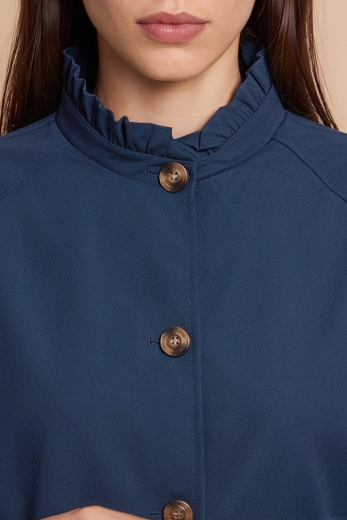 Womens Navy Ruffle Short Trench Coat | CicyBell
