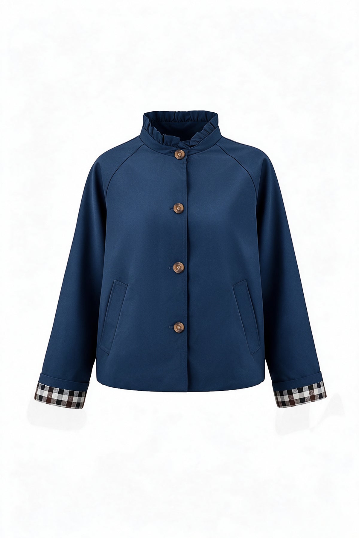 Womens Navy Ruffle Short Trench Coat | CicyBell