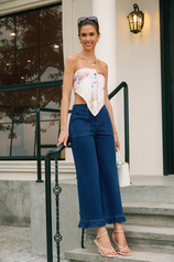 Womens Navy Ruffle Wide Leg Jeans | CicyBell