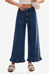 Womens Navy Ruffle Wide Leg Jeans | CicyBell