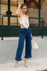 Womens Navy Ruffle Wide Leg Jeans | CicyBell