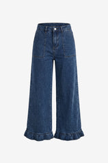 Womens Navy Ruffle Wide Leg Jeans | CicyBell