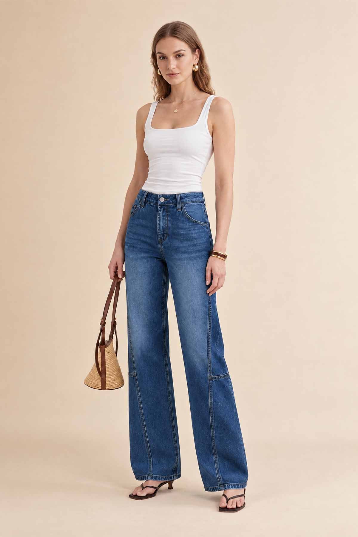 Womens Navy Baggy Wide Leg Jeans | CicyBell