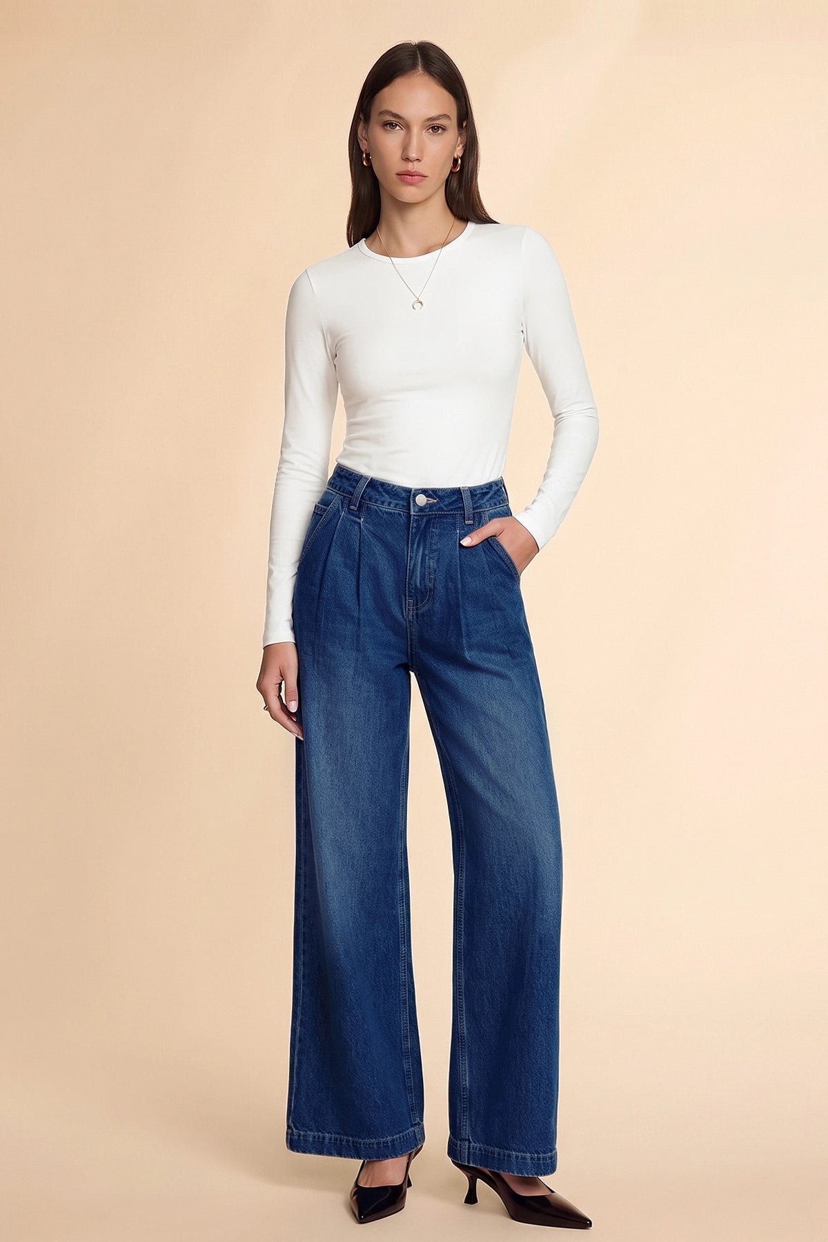 Womens Navy Baggy Wide Leg Jeans| CicyBell