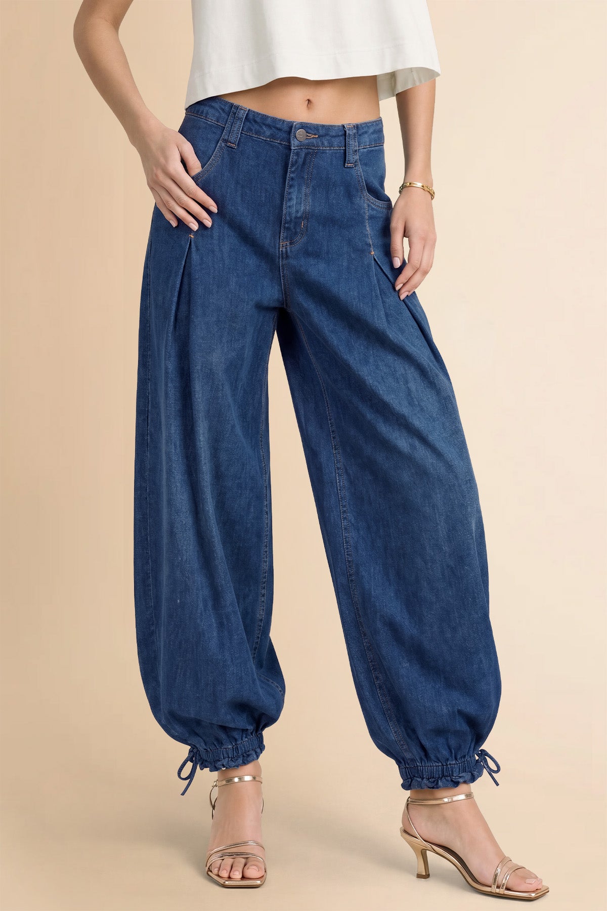 Womens Navy Barrel Balloon Pleated Jeans | CicyBell