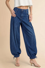 Womens Navy Barrel Balloon Pleated Jeans | CicyBell