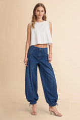 Womens Navy Barrel Balloon Pleated Jeans | CicyBell