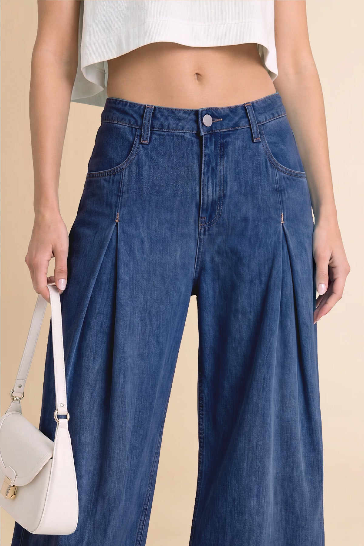 Womens Navy Barrel Balloon Pleated Jeans | CicyBell