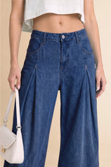 Womens Navy Barrel Balloon Pleated Jeans | CicyBell