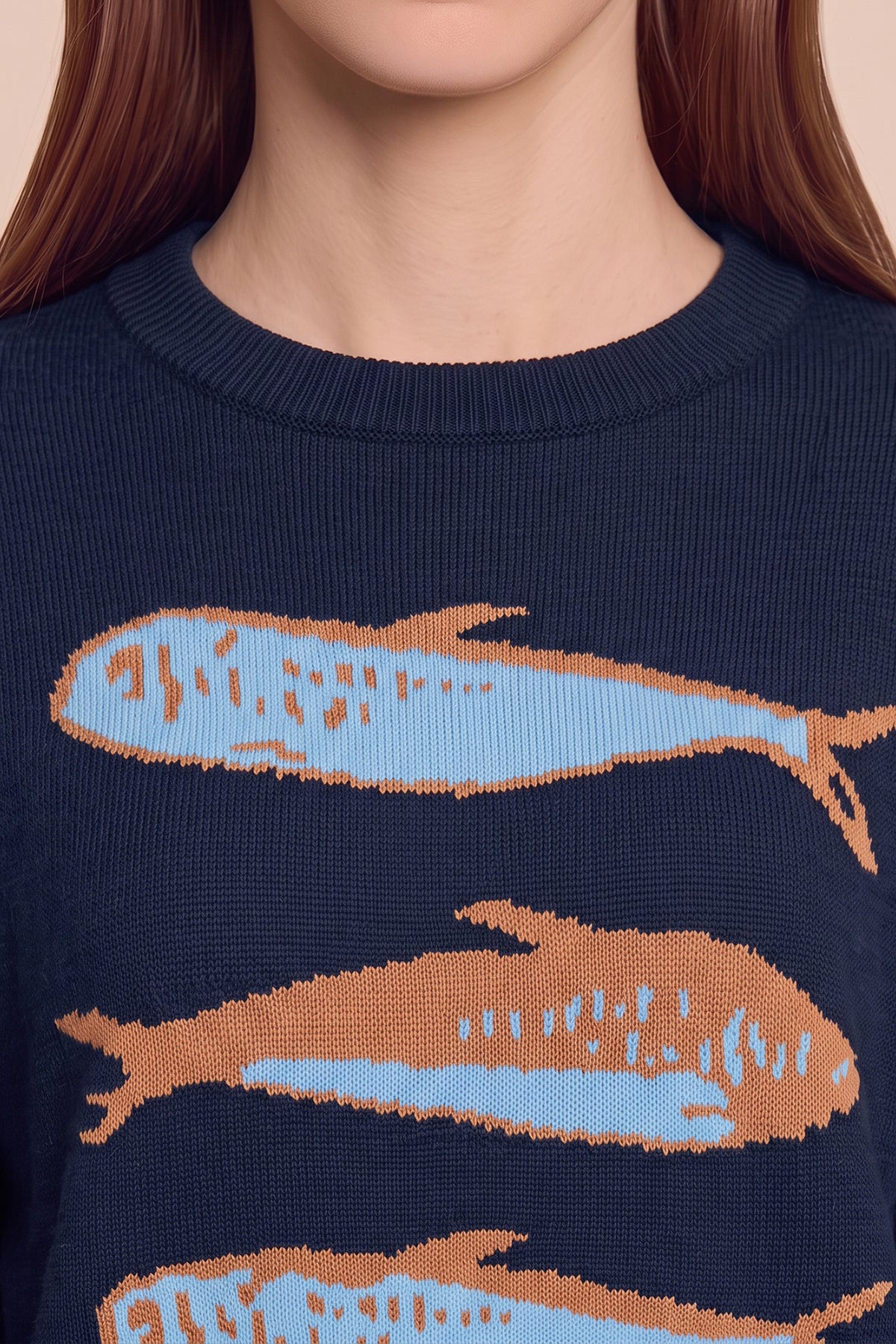 Womens Navy Fish Graphic Knit Sweaters | CicyBell