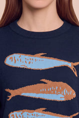 Womens Navy Fish Graphic Knit Sweaters | CicyBell