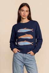 Womens Navy Fish Graphic Knit Sweaters | CicyBell