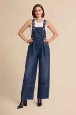 Womens Navy Wide Leg Denim Overalls | CicyBell