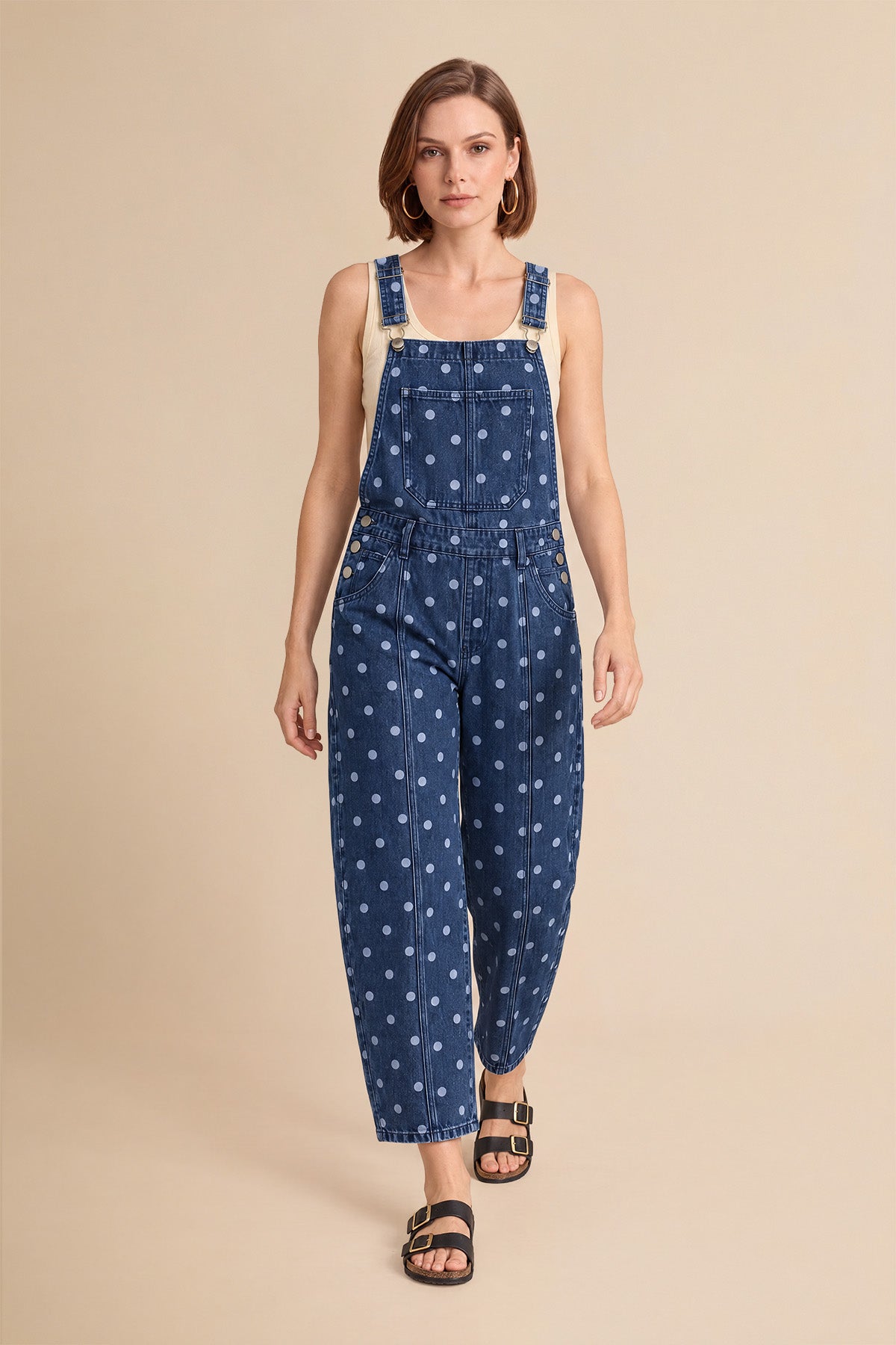 Womens Navy Polka Dot Bib Denim Overalls| CicyBell