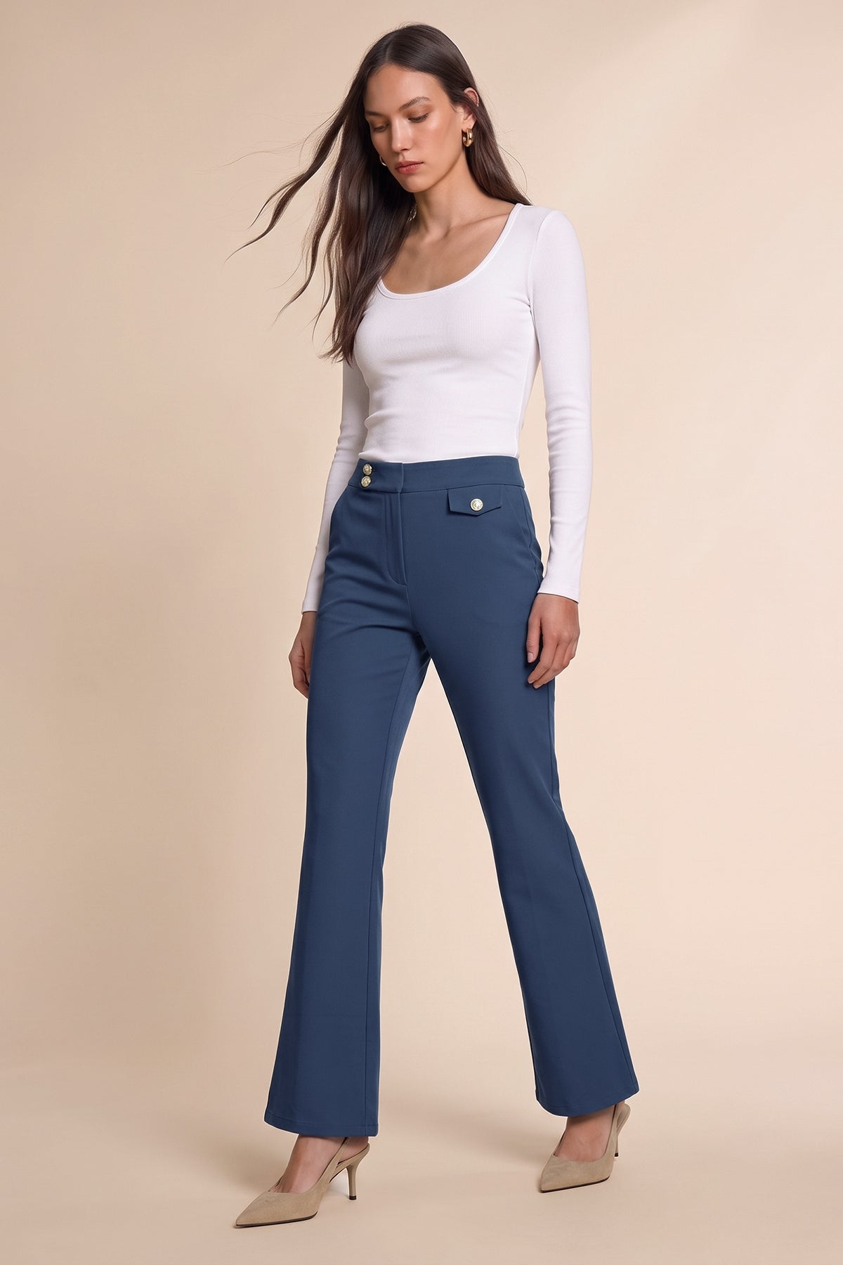 Womens Navy Flared Dress Pants | CicyBell