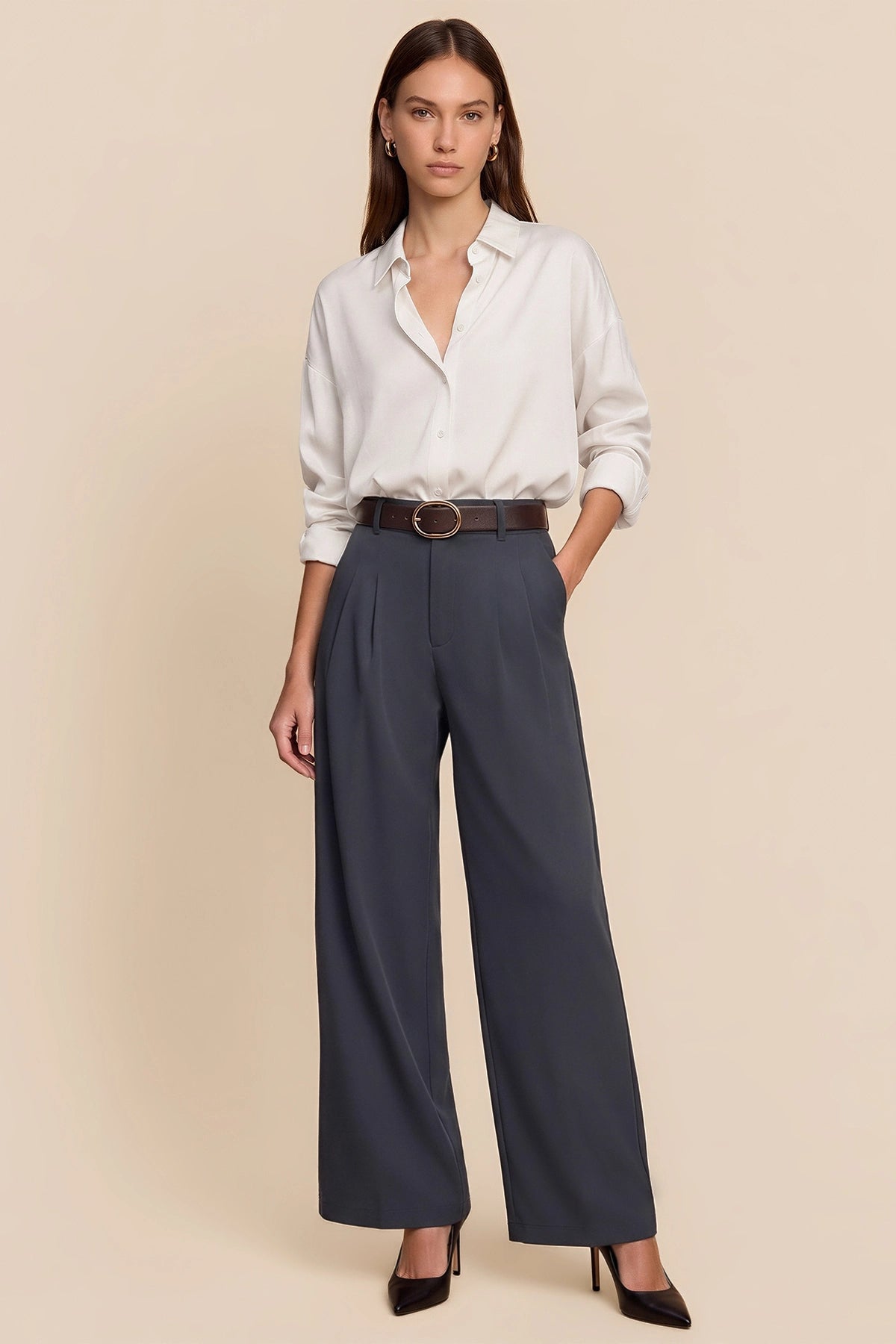 Womens Navy Business Wide Leg Dress Pants | CicyBell