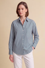 Womens Navy Striped Button Down Shirt | CicyBell